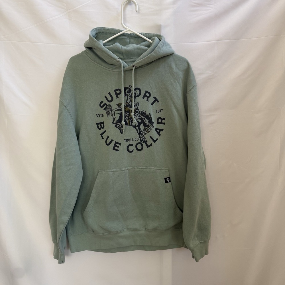 Troll Co Women's Support Blue Collar Rodeo Hoodie Sweatshirt XL Sea Foam